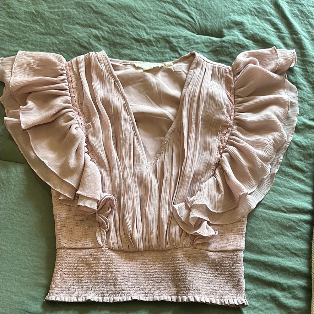 Anthropologie Pink Ruffled Blouse with Flutter Sleeves and Ribbed Waistband